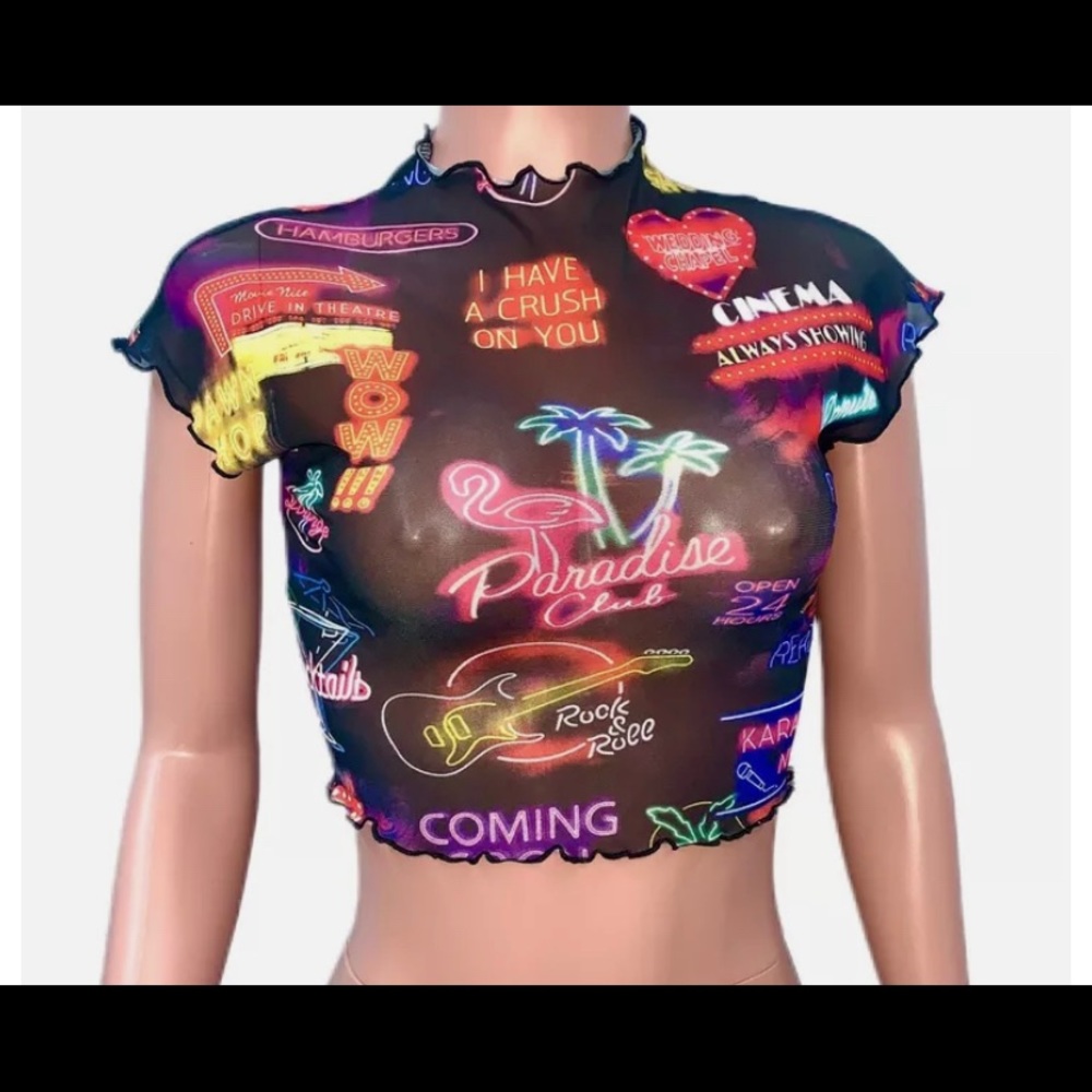 Y2K Sheer Mesh Hollywood Las Vegas Neon Sign Rave Paradise Club Crop Top New - Picture 1 of 4
